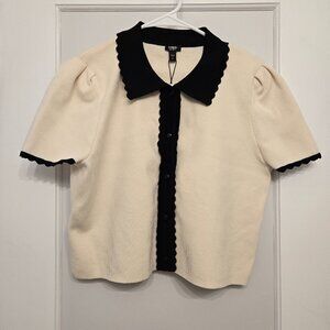 Scalloped Trim Cropped Polo Cardigan